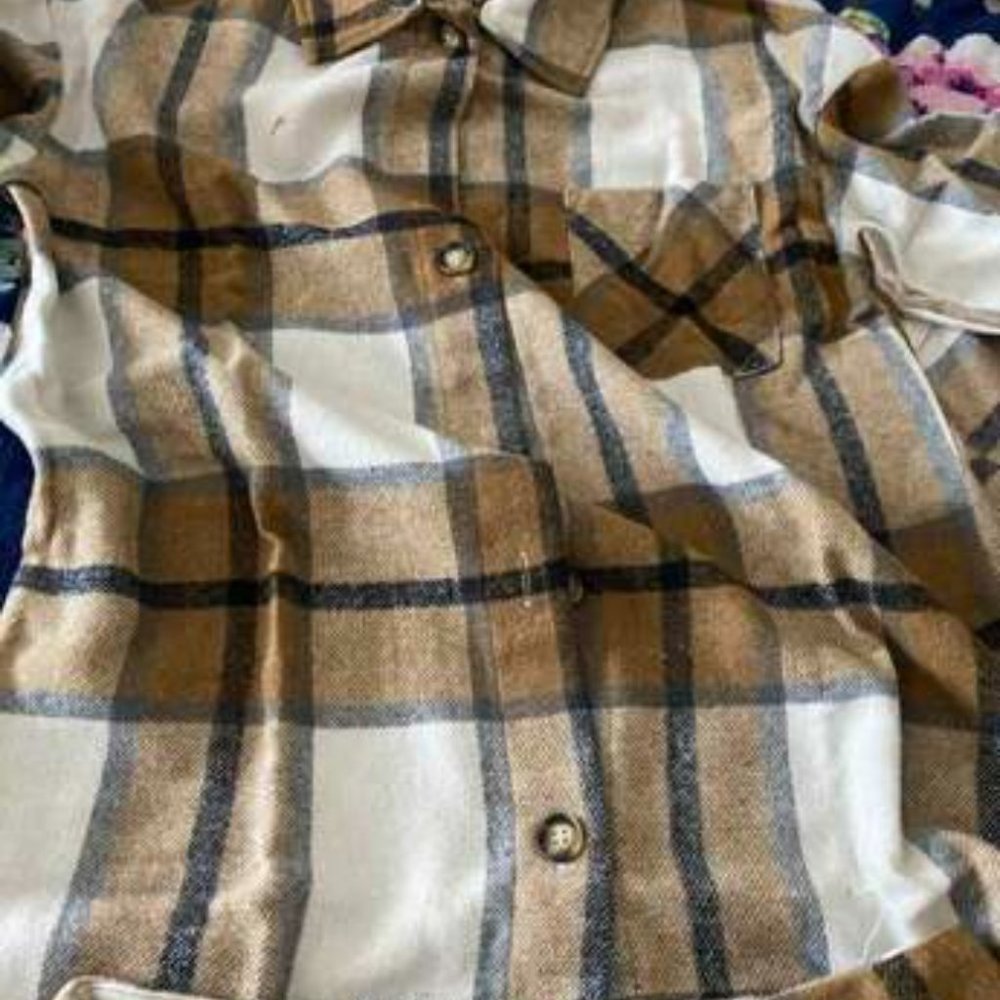 2 piece set Plaid Print Button Front Overcoat & Skirt Tan - Picture 2 of 6